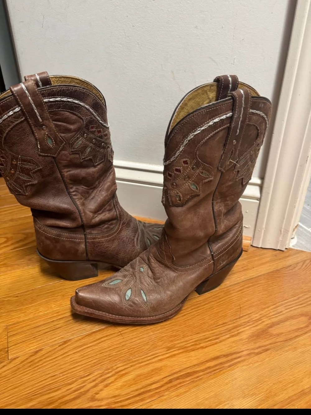 Tony Lama Brown Leather Western Cowboy Boots with Teal Inlay